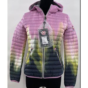 Colmar Womens Tie-dye Effect Down Jacket Hoodie Sz 38 USA 2 NWT Pink Yellow Blue